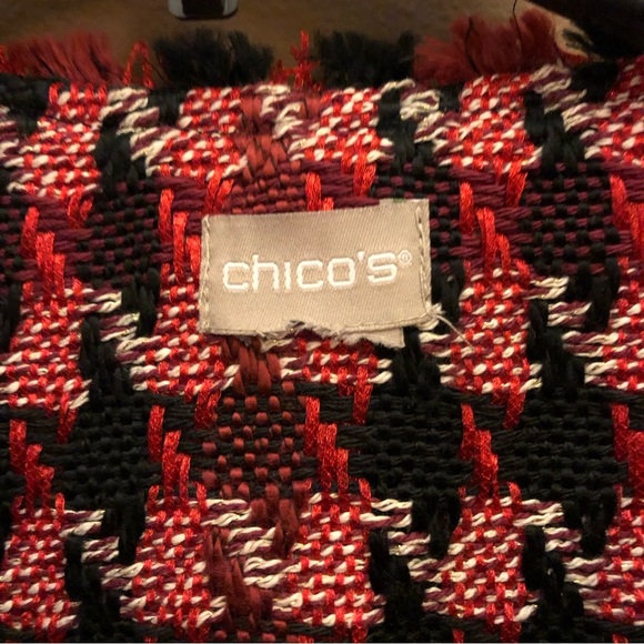 Chico’s Tweed Open Front Pocket Jacket Red Black 1 - Picture 3 of 8